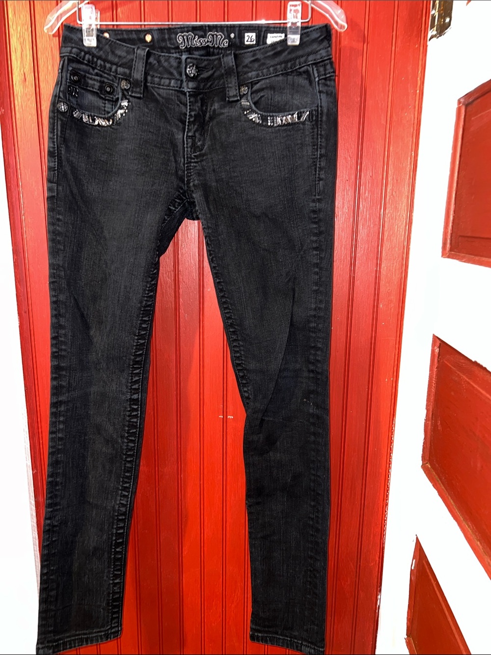 Miss Me Black Skinny Jeans with Embellished Pocket Trim 26x30